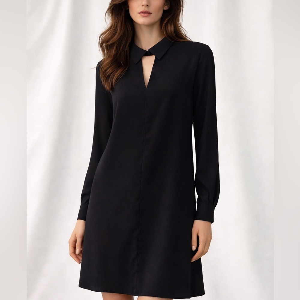 Banana Republic Black Shift Dress Tunic Long Sleeve Collar Keyhole Size S (1267)